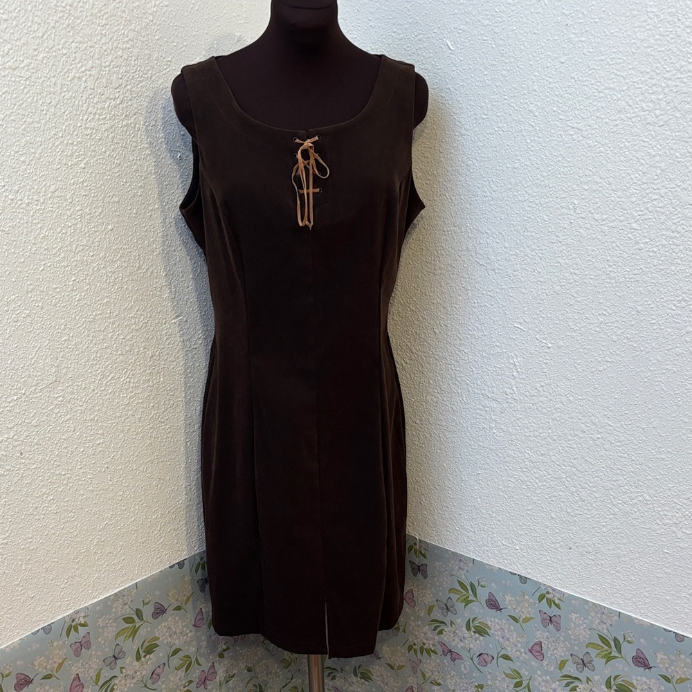 Vintage 1990’s CDC dark brown faux suede sleeveless midi dress. Size 12.
